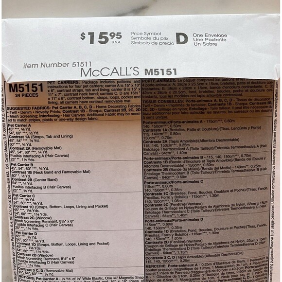 McCall's Pattern - Pet Carriers (One Size) #M5151 - Uncut 4 Designs Dog Cat - Picture 7 of 8